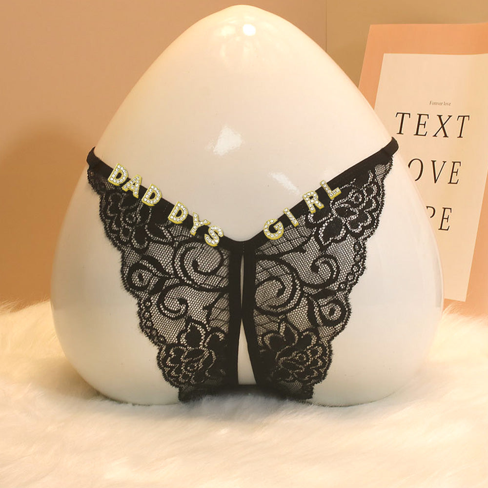 Custom Lace Sexy Panty with jewelry Crystal Letter Name Open Cut Thong Underpants Women's Underwea