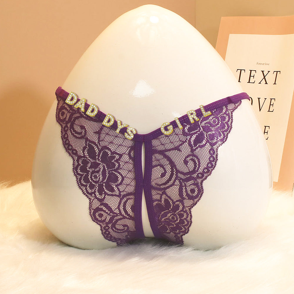 Custom Lace Sexy Panty with jewelry Crystal Letter Name Open Cut Thong Underpants Women's Underwea