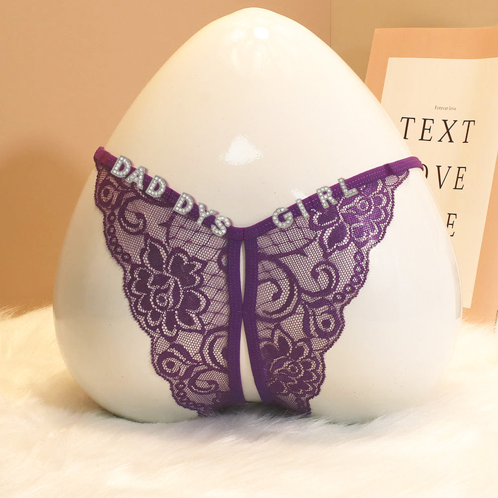 Custom Lace Sexy Panty with jewelry Crystal Letter Name Open Cut Thong Underpants Women's Underwea