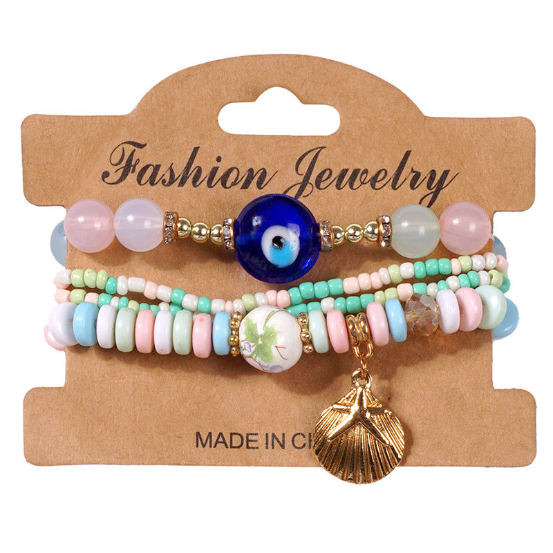 Ocean Spirit Protection Bracelet Set——Handmade Evil Eye & Shell Charm Beaded Bracelets for Luck, Love & Energy