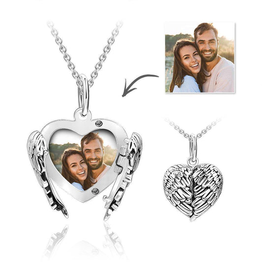 Engravable Photo Locket Necklace Personalized Heart Angel Wings Gift For Her