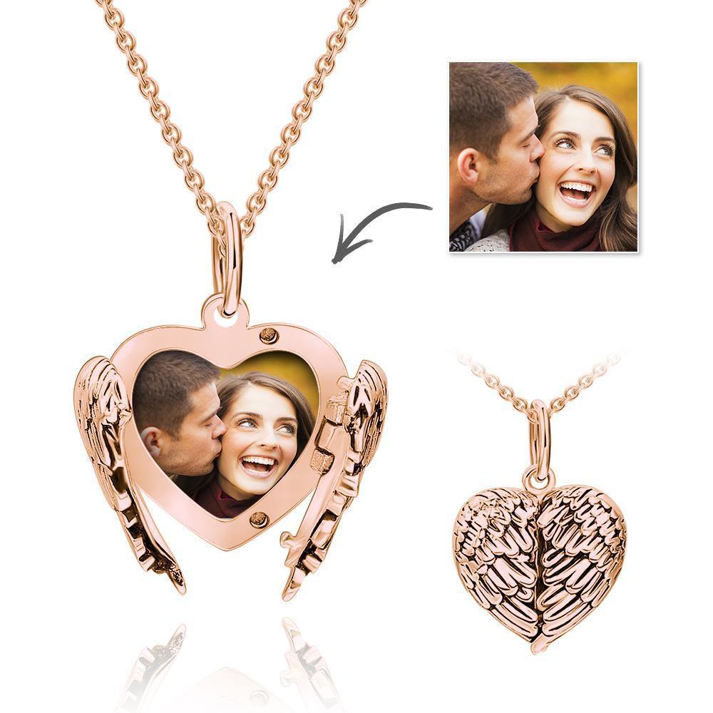 Photo Locket Necklace with Engraving Heart Angel Wings Mother's Gifts Rose Gold Plated