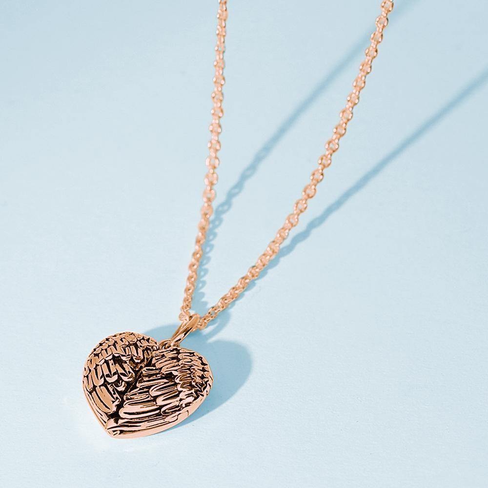 Photo Locket Necklace with Engraving Heart Angel Wings Mother's Gifts Rose Gold Plated