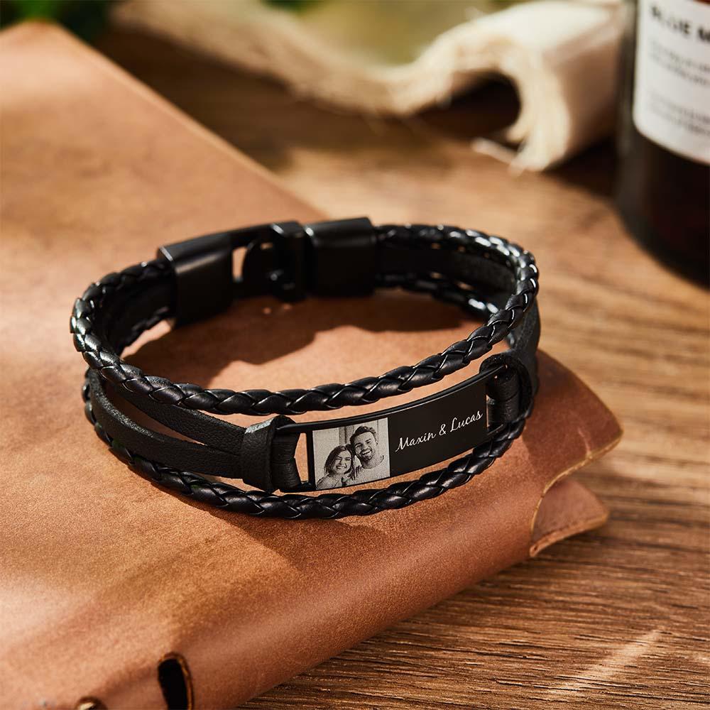 Custom Men's Bracelets Photo Leather Engraved Bracelet Best Gifts for Him