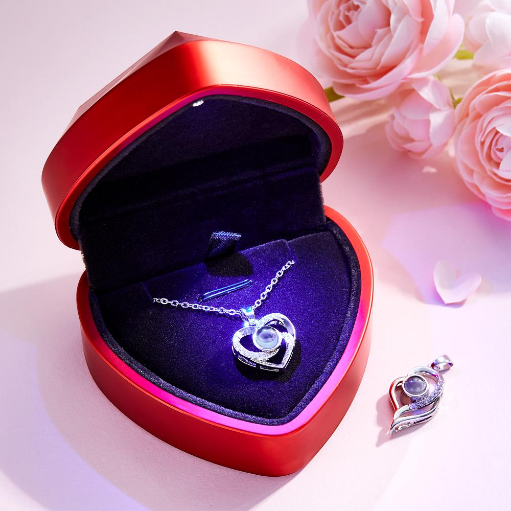 2 Pcs Pendants Photo Projection Heart Pendant Necklace Gifts for Women Mom with Led Light Heart Gift Box Valentine's Day Gifts