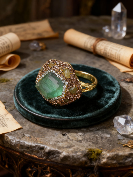 Emerald Aura Crystal Ring – Handmade Raw Green Stone Ring for Energy Balance & Inner Harmony