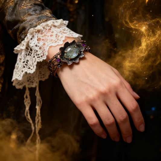Lunar Bloom Cuff – Handmade Labradorite Energy Bracelet for Clarity, Balance & Good Fortune