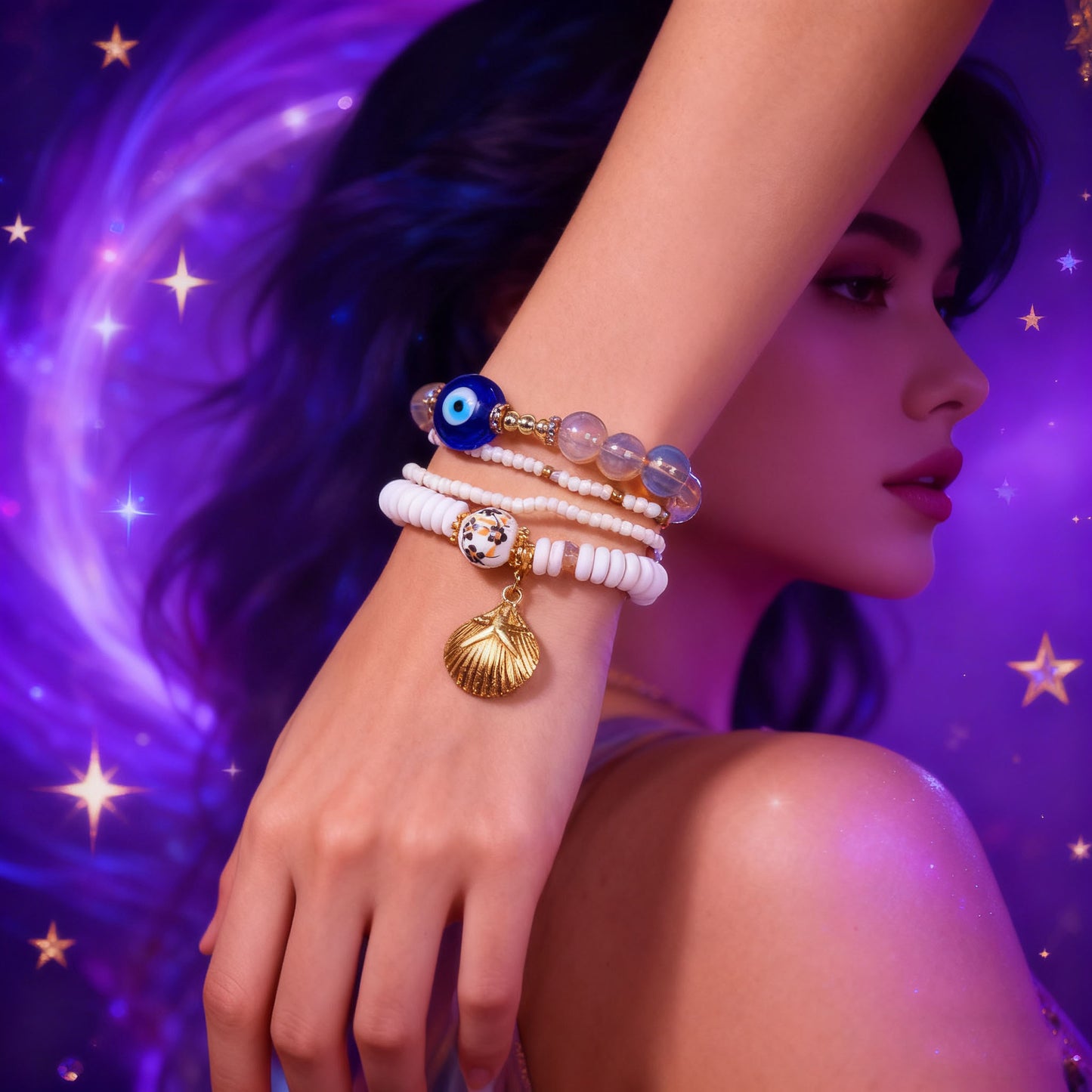 Ocean Spirit Protection Bracelet Set——Handmade Evil Eye & Shell Charm Beaded Bracelets for Luck, Love & Energy