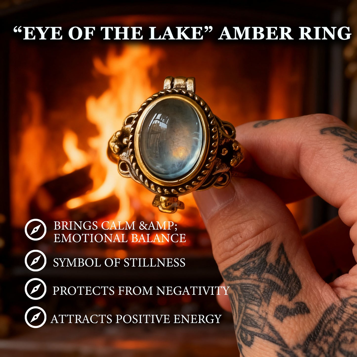 “Eye of the Lake” Amber Ring – The Ring of Tranquil Magic