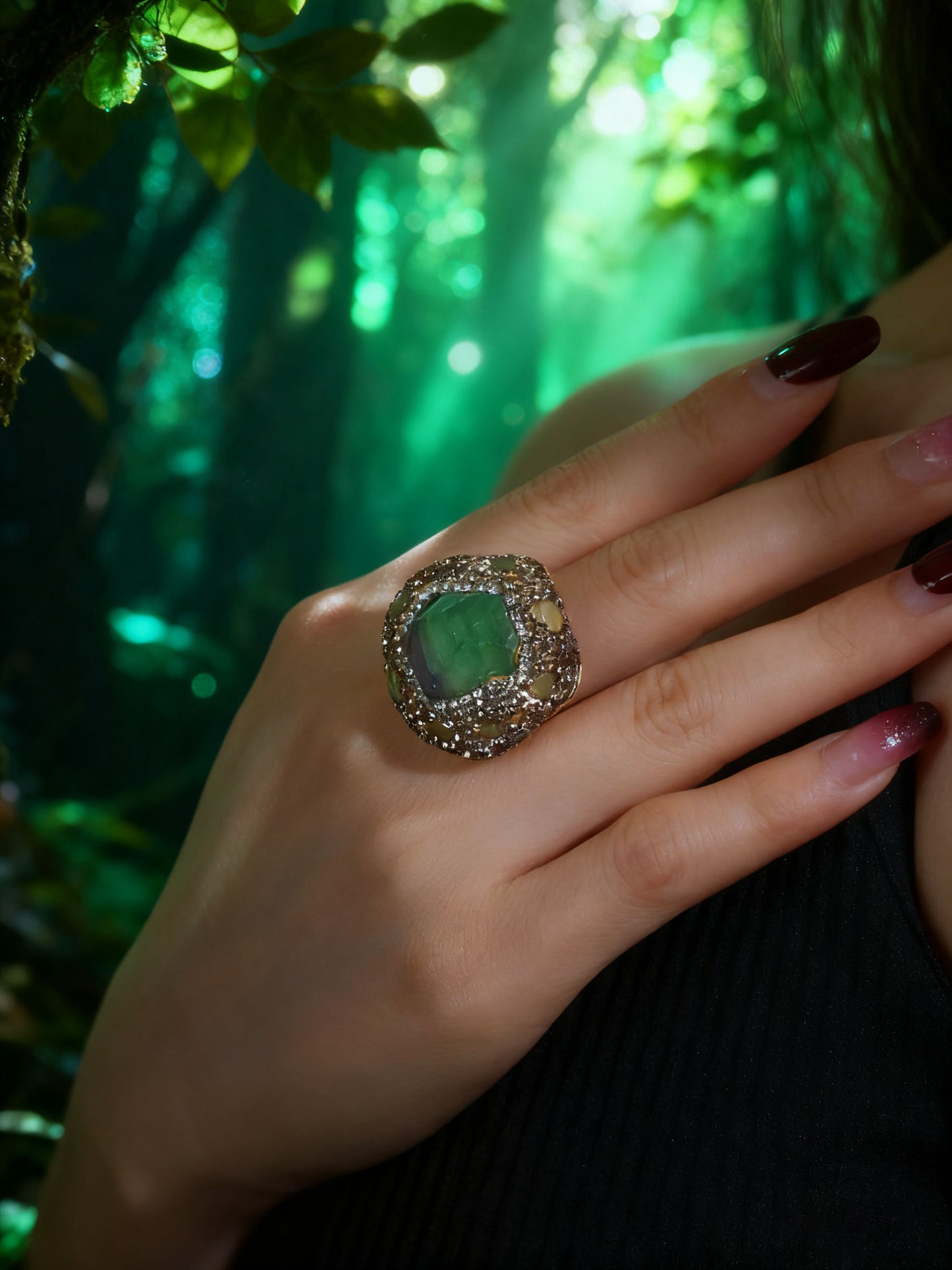Emerald Aura Crystal Ring – Handmade Raw Green Stone Ring for Energy Balance & Inner Harmony