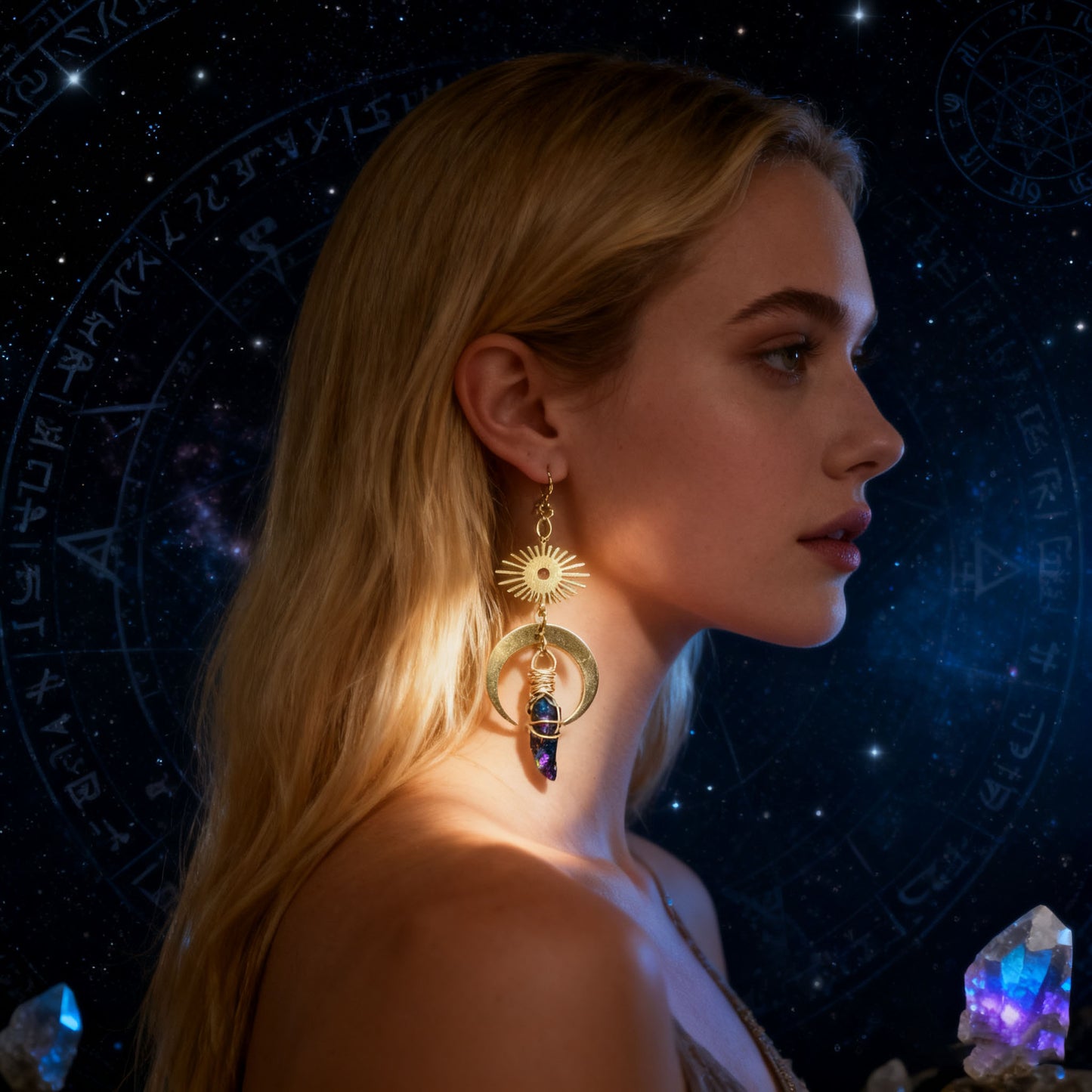 “Celestial Balance” Crystal Earrings – Moon & Sun Energy Collection