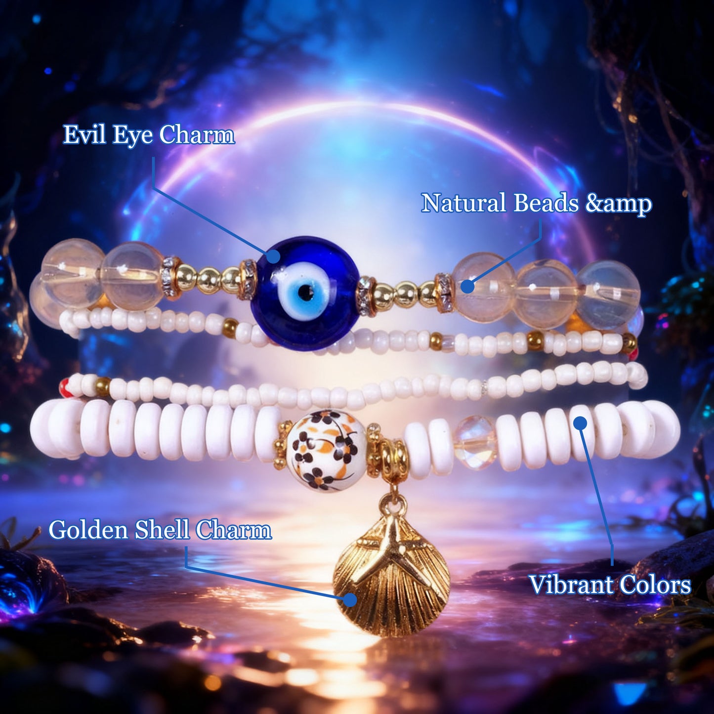 Ocean Spirit Protection Bracelet Set——Handmade Evil Eye & Shell Charm Beaded Bracelets for Luck, Love & Energy