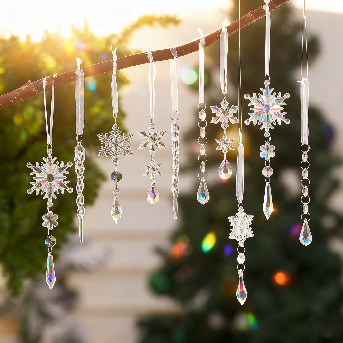 Snowdrop Crystal Ornaments – 10-Piece Hanging Christmas Décor Set