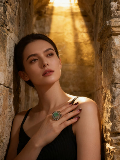 Emerald Aura Crystal Ring – Handmade Raw Green Stone Ring for Energy Balance & Inner Harmony