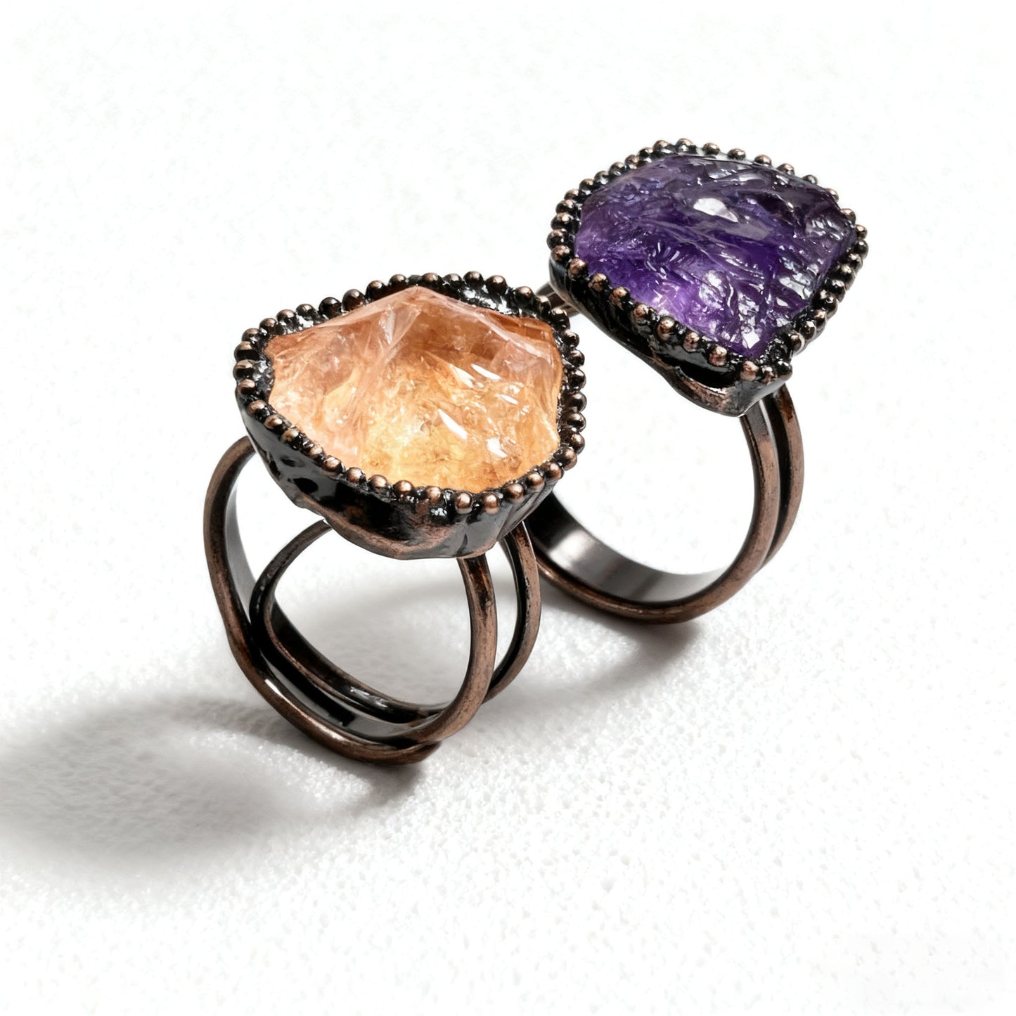 Eternal Aura Crystal Love Rings – Handmade Raw Amethyst & Citrine Couple Rings