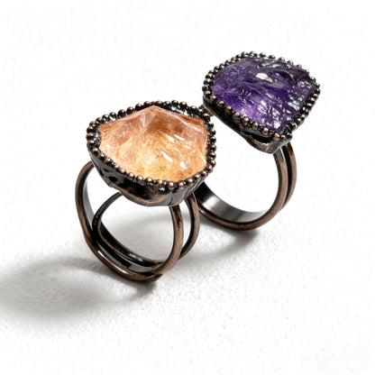Eternal Aura Crystal Love Rings – Handmade Raw Amethyst & Citrine Couple Rings