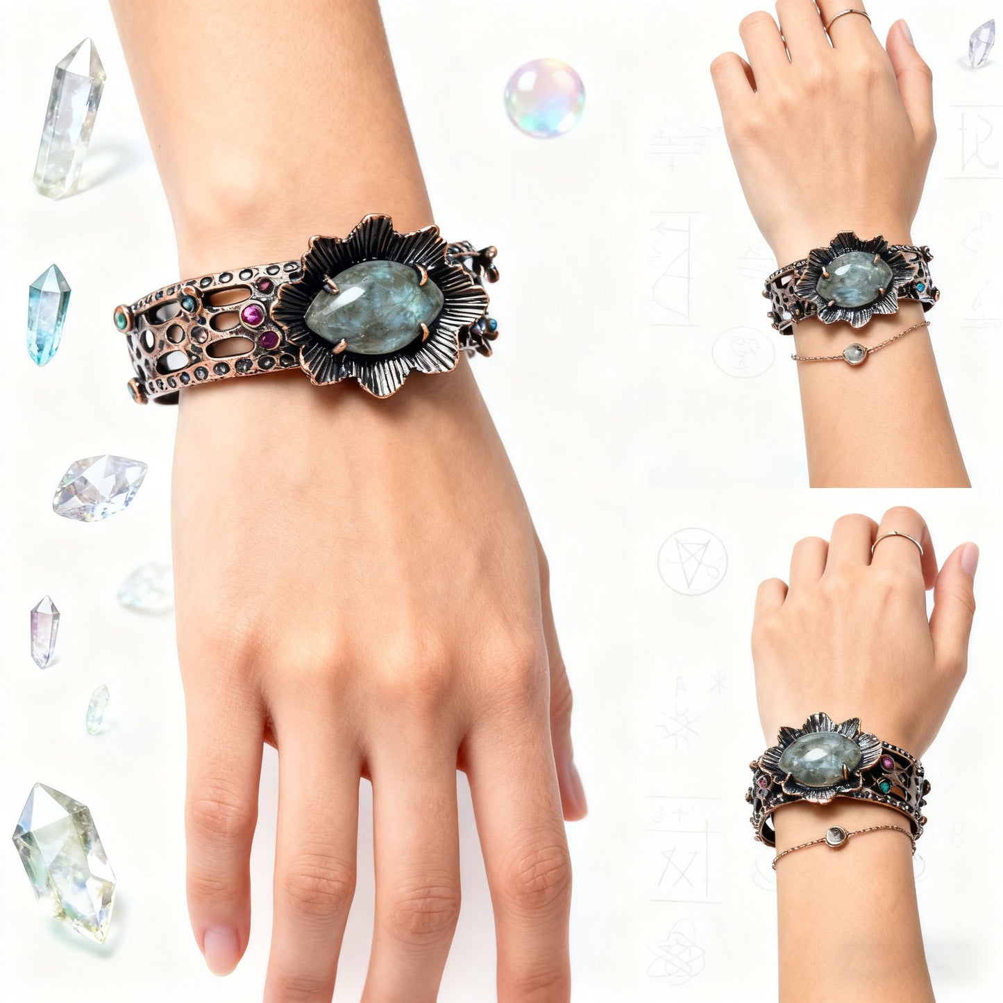 Lunar Bloom Cuff – Handmade Labradorite Energy Bracelet for Clarity, Balance & Good Fortune