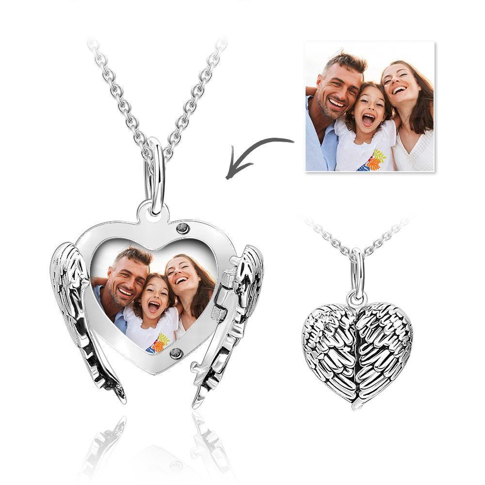 Engravable Photo Locket Necklace Personalized Heart Angel Wings Gift For Her