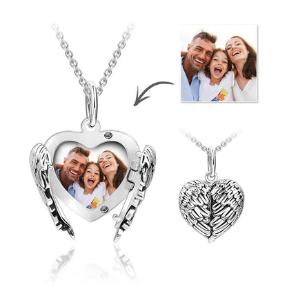 Engravable Photo Locket Necklace Personalized Heart Angel Wings Gift For Her