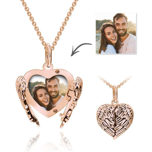 Photo Locket Necklace with Engraving Heart Angel Wings for Mom Rose Gold Plated Silver