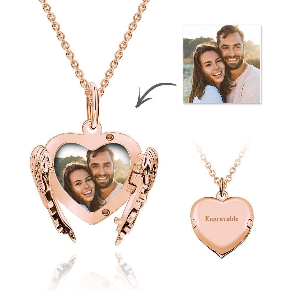 Engravable Photo Locket Necklace Personalized Heart Angel Wings Gift For Her