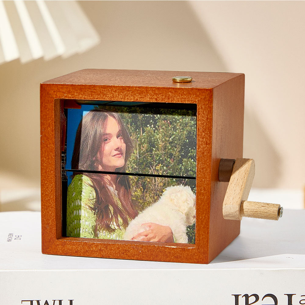 Custom Photo Flipbook Frame Animation Machine Mechanical Hand-cranked Flipbook Box Photo Album with Light Black Walnut Baby Photo Cube Frame Creative Gift