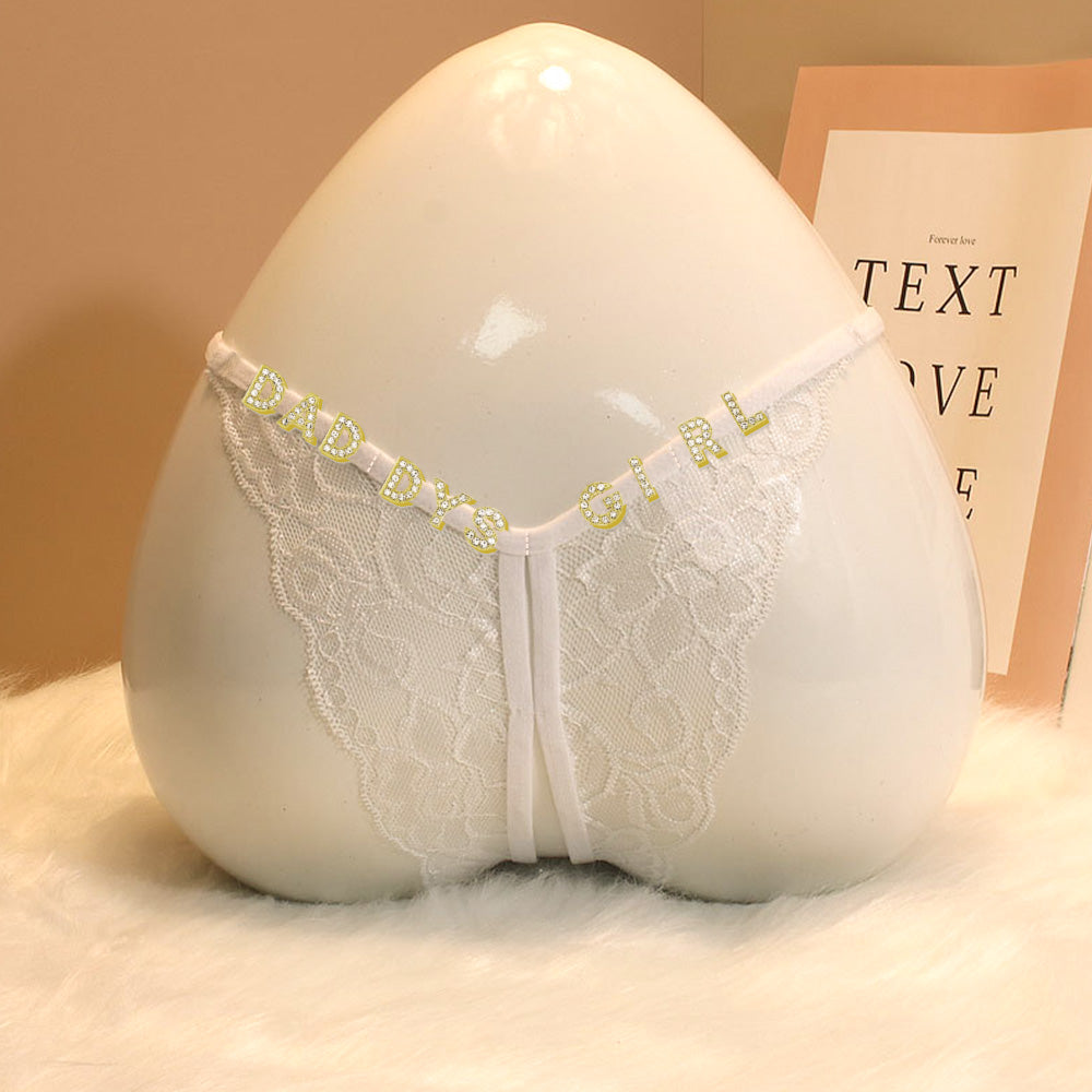 Custom Lace Sexy Panty with jewelry Crystal Letter Name Open Cut Thong Underpants Women's Underwea