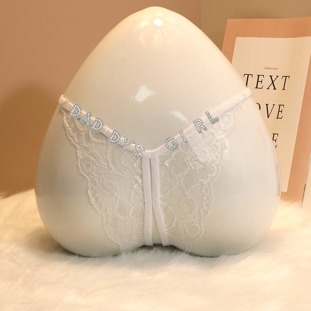 Custom Lace Sexy Panty with jewelry Crystal Letter Name Open Cut Thong Underpants Women's Underwea