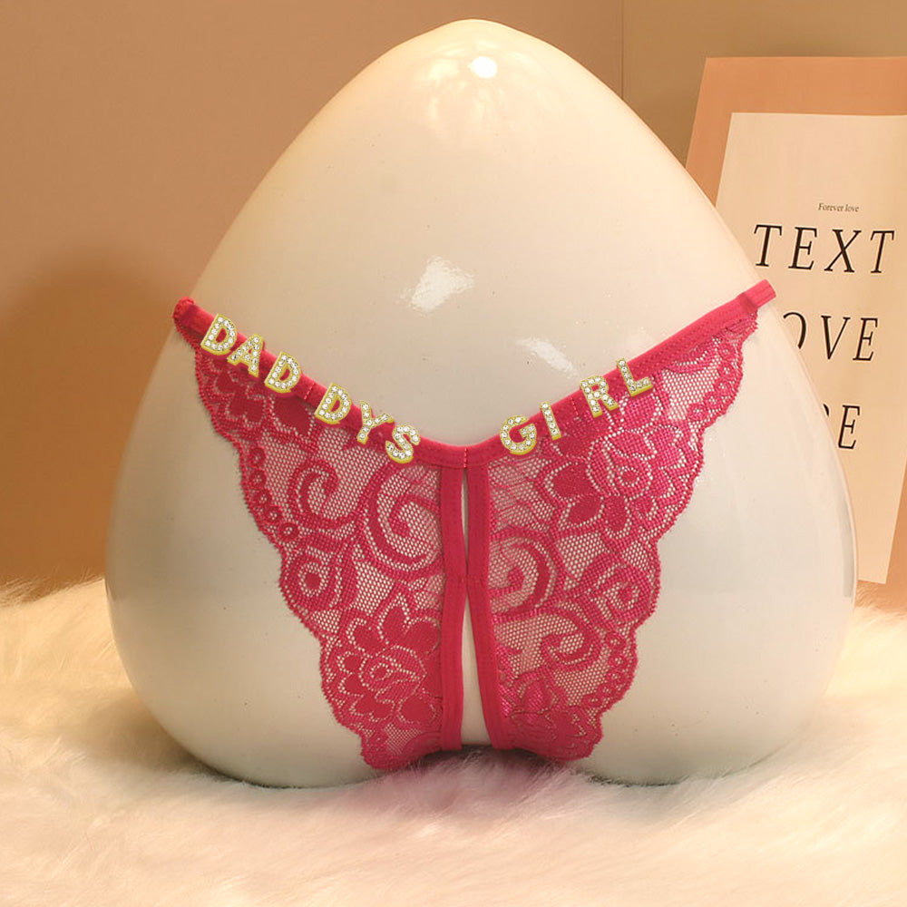 Custom Lace Sexy Panty with jewelry Crystal Letter Name Open Cut Thong Underpants Women's Underwea