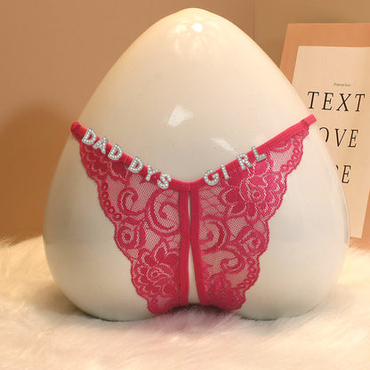 Custom Lace Sexy Panty with jewelry Crystal Letter Name Open Cut Thong Underpants Women's Underwea