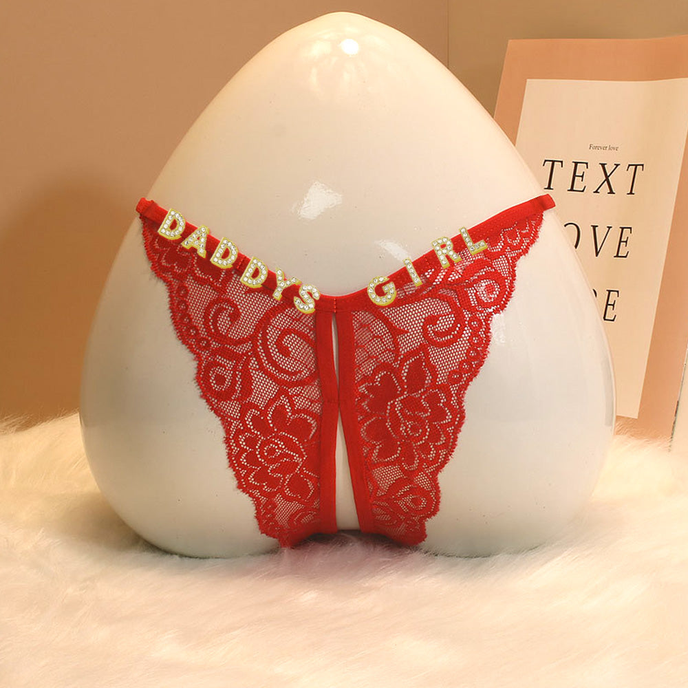 Custom Lace Sexy Panty with jewelry Crystal Letter Name Open Cut Thong Underpants Women's Underwea