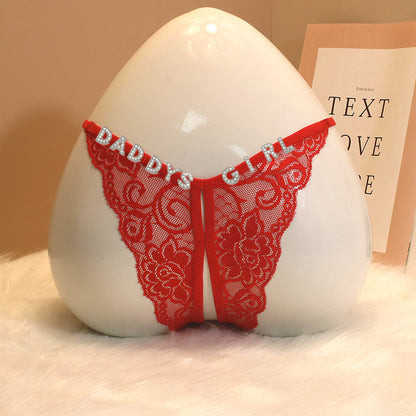 Custom Lace Sexy Panty with jewelry Crystal Letter Name Open Cut Thong Underpants Women's Underwea