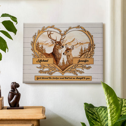 Custom Names Deer Love Mountains Premium Canvas Print Personalized Wall Decor Gift for Couple