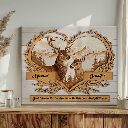 Custom Names Deer Love Mountains Premium Canvas Print Personalized Wall Decor Gift for Couple