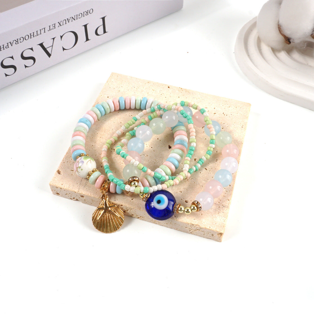 Ocean Spirit Protection Bracelet Set——Handmade Evil Eye & Shell Charm Beaded Bracelets for Luck, Love & Energy