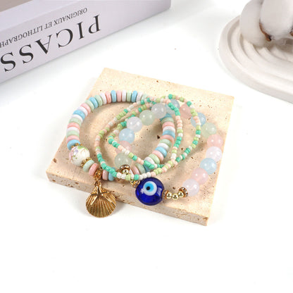 Ocean Spirit Protection Bracelet Set——Handmade Evil Eye & Shell Charm Beaded Bracelets for Luck, Love & Energy