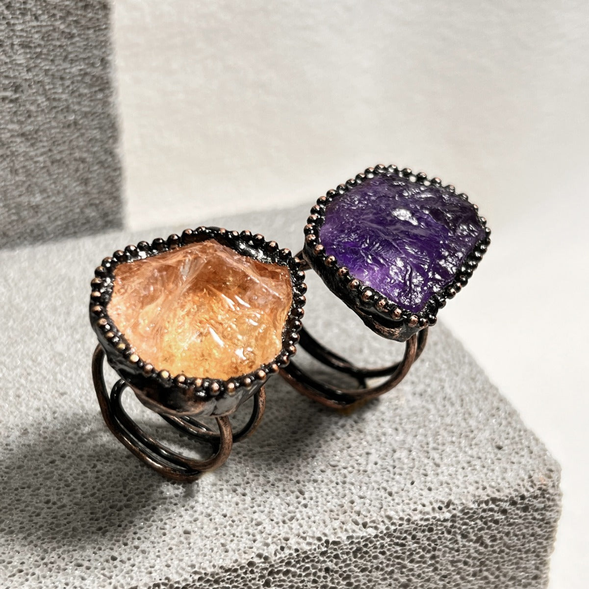 Eternal Aura Crystal Love Rings – Handmade Raw Amethyst & Citrine Couple Rings