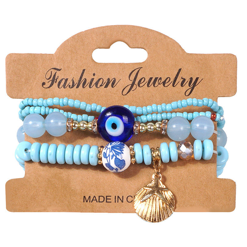 Ocean Spirit Protection Bracelet Set——Handmade Evil Eye & Shell Charm Beaded Bracelets for Luck, Love & Energy