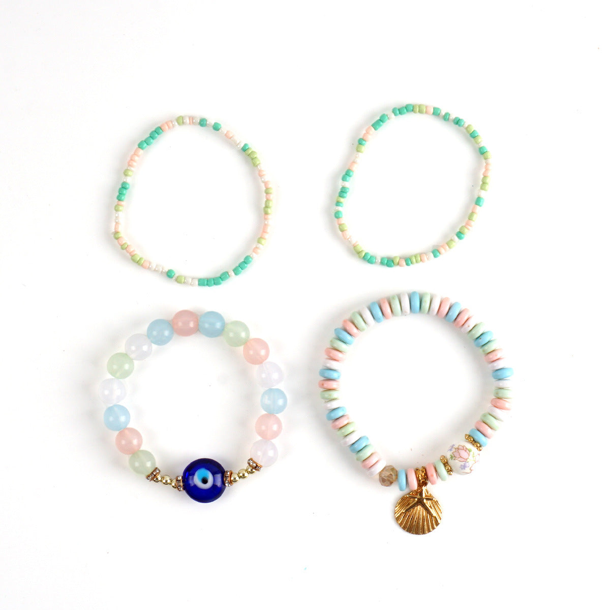 Ocean Spirit Protection Bracelet Set——Handmade Evil Eye & Shell Charm Beaded Bracelets for Luck, Love & Energy