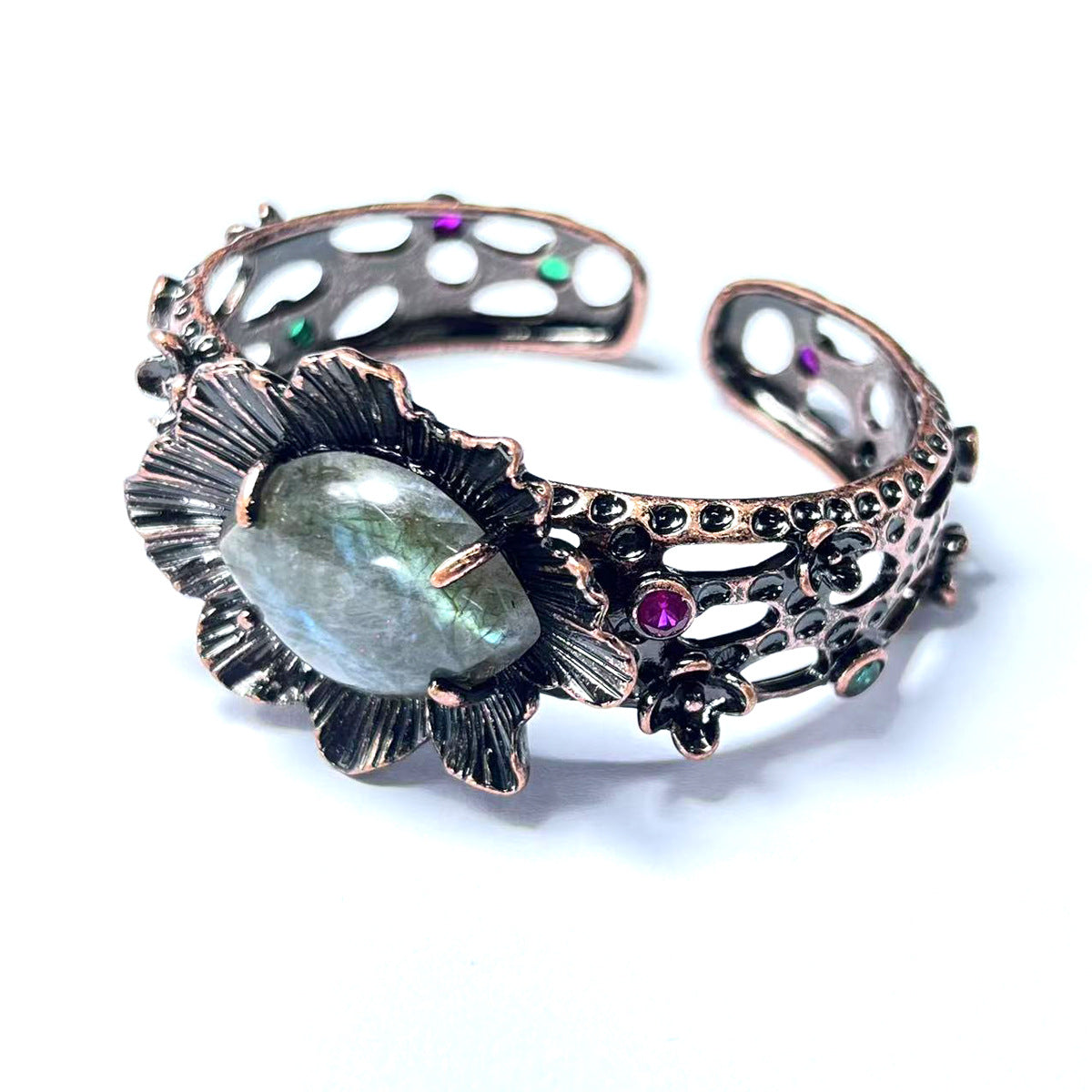 Lunar Bloom Cuff – Handmade Labradorite Energy Bracelet for Clarity, Balance & Good Fortune