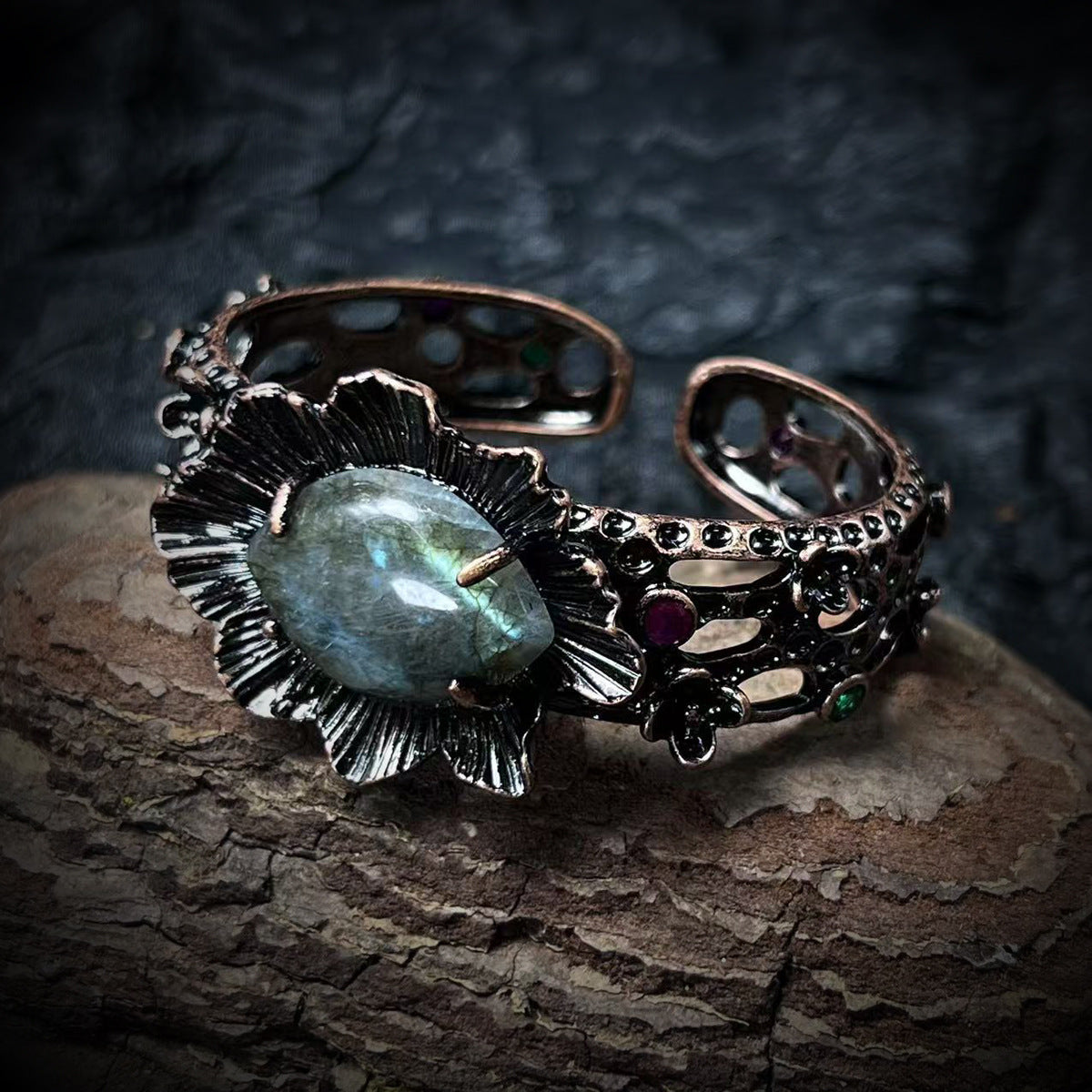 Lunar Bloom Cuff – Handmade Labradorite Energy Bracelet for Clarity, Balance & Good Fortune