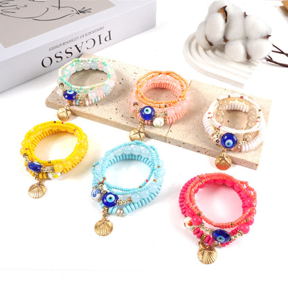 Ocean Spirit Protection Bracelet Set——Handmade Evil Eye & Shell Charm Beaded Bracelets for Luck, Love & Energy