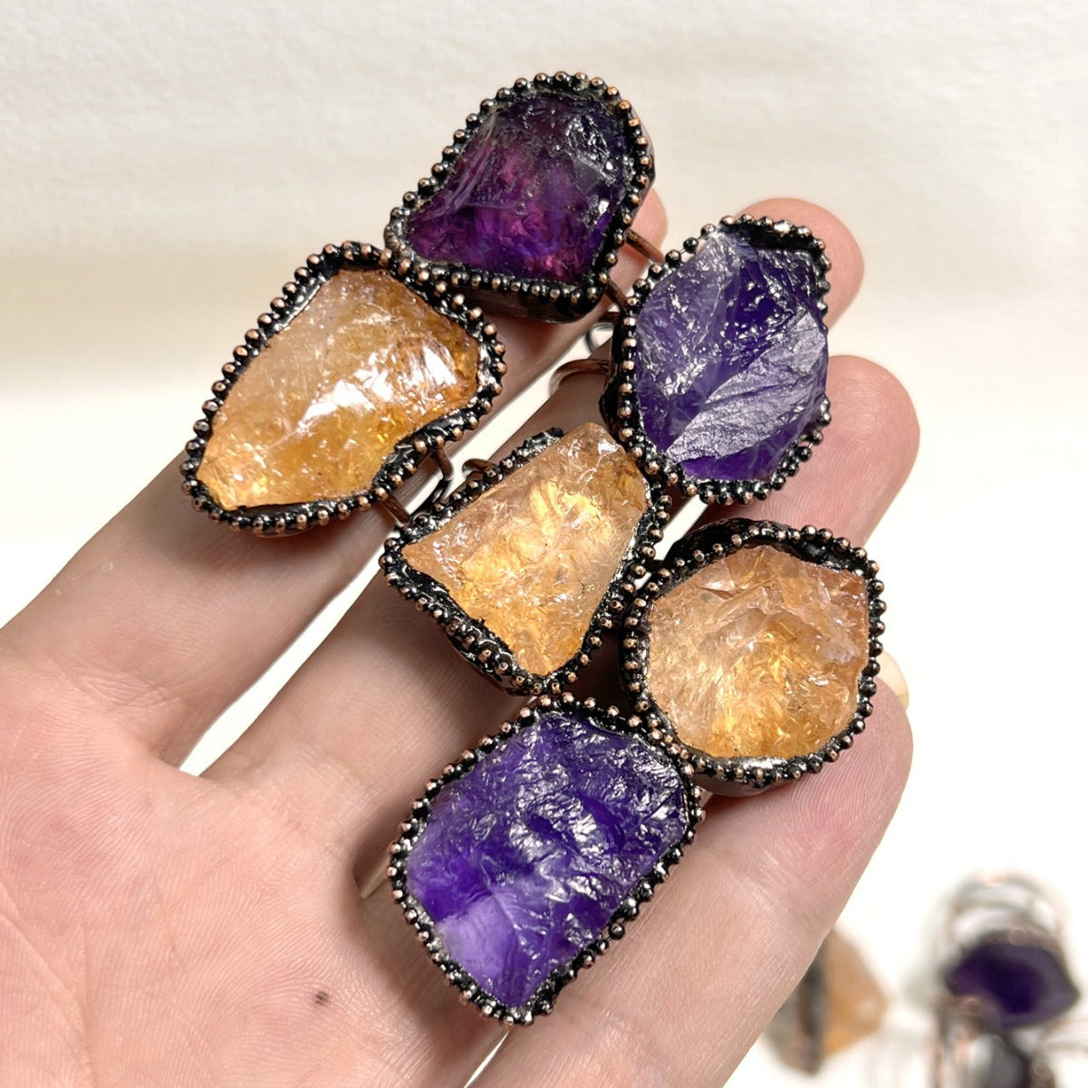 Eternal Aura Crystal Love Rings – Handmade Raw Amethyst & Citrine Couple Rings
