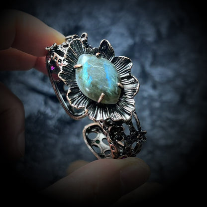 Lunar Bloom Cuff – Handmade Labradorite Energy Bracelet for Clarity, Balance & Good Fortune