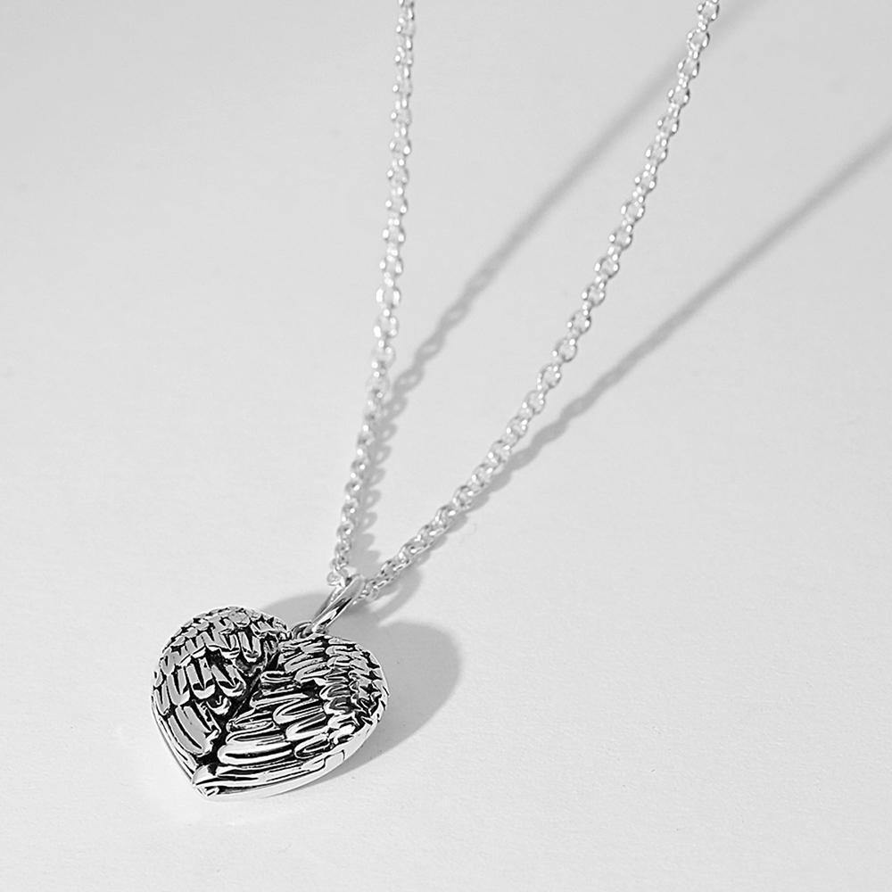 Engravable Photo Locket Necklace Personalized Heart Angel Wings Gift For Her