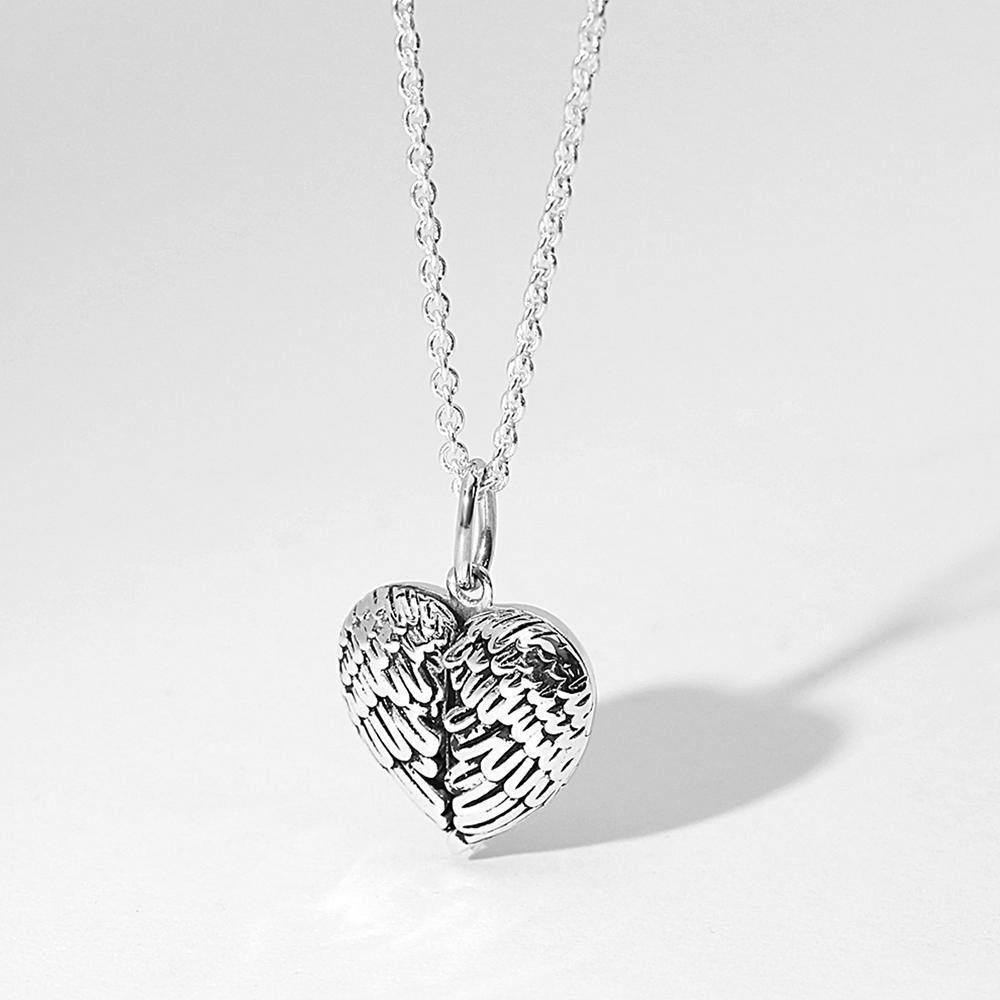 Engravable Photo Locket Necklace Personalized Heart Angel Wings Gift For Her