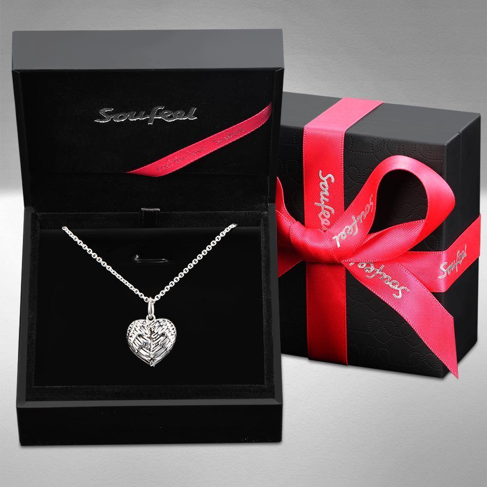 Engravable Photo Locket Necklace Personalized Heart Angel Wings Gift For Her