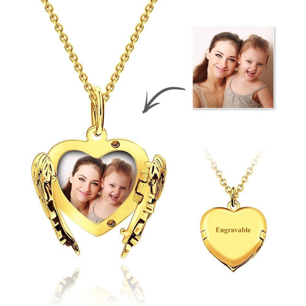 Engravable Photo Locket Necklace Personalized Heart Angel Wings Gift For Her