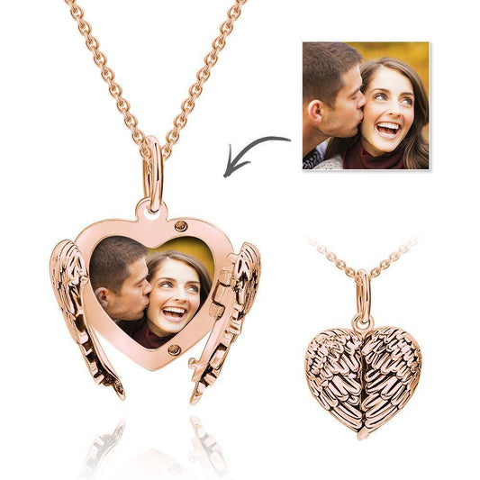 Photo Locket Necklace with Engraving Heart Angel Wings Mother's Gifts Rose Gold Plated