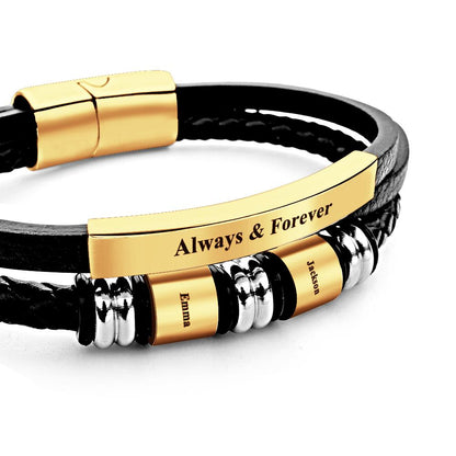 Personalized Mens Braid Leather Bracelets with 2 Engraved Names Beads Custom Mens Name Bracelet